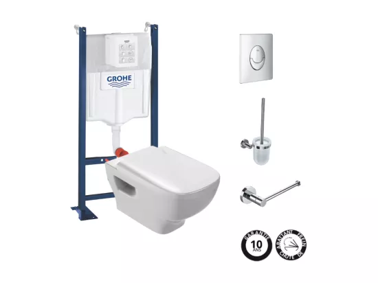 Pack WC suspendu sans bride JACOB DELAFON Struktura + Bati-support GROHE + plaque Start chrome + porte-balai + porte-rouleau rond