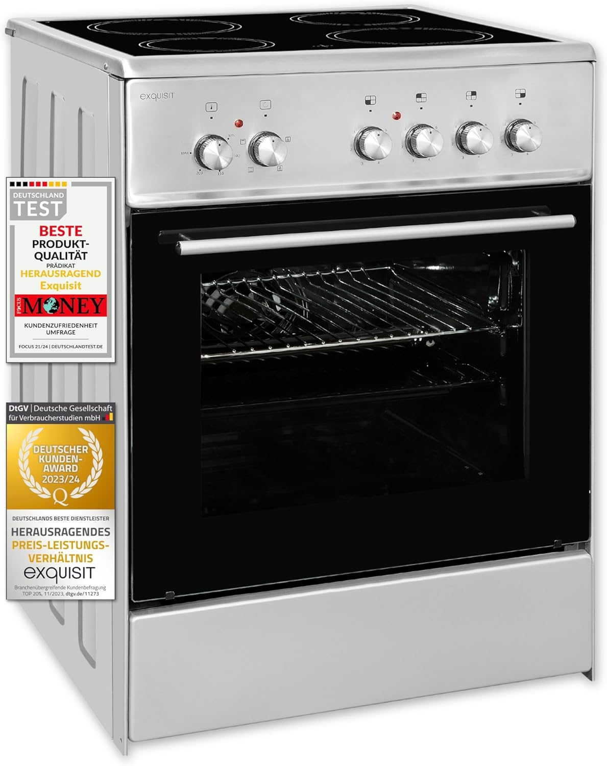 Exquisit Elektro-Standherd ECM 6-4 Inox | Standherd 60cm mit Glaskeramik Kochfeld | Ober- & Unterhitze | Umluft | Elektroherd freistehend 60 cm