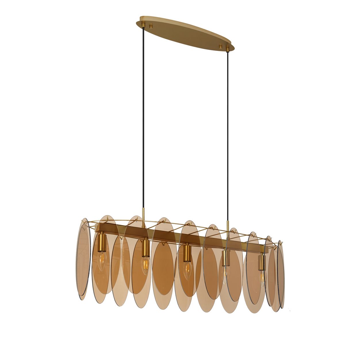 Art Deco hanglamp goud met amber glas ovaal 5-lichts - Mochan