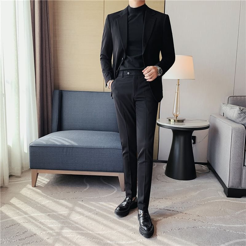 Blueforce - Effen blazer met één knoop / Hoge taille rechte broek / Set