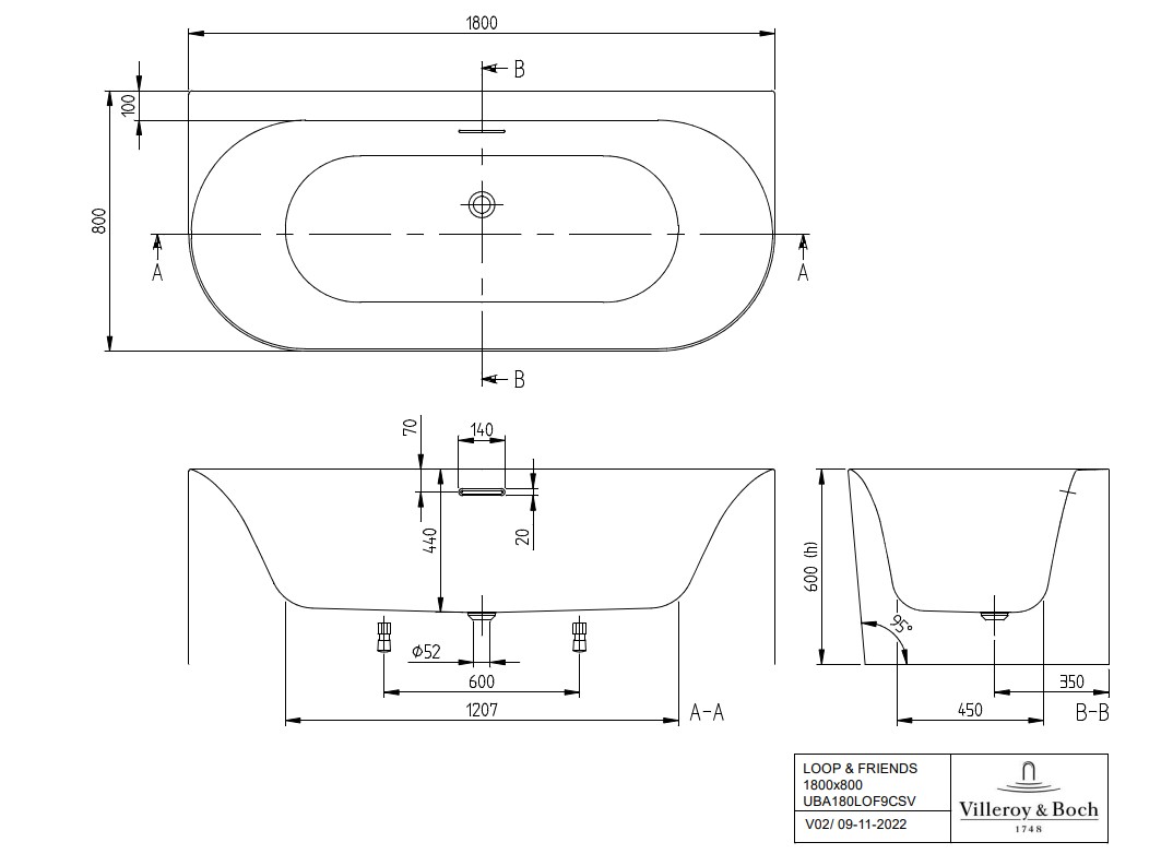 Villeroy & Boch Loop & Friends half vrijstaand ligbad 180x80cm wit