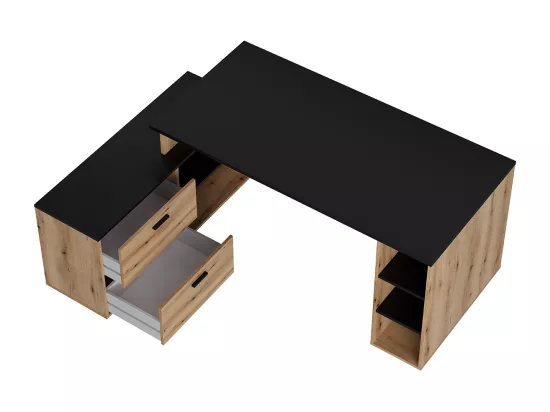 Bureau d'angle en mélamine coloris imitation chêne artisan / noir mat - Longueur 183 x profondeur 141 x Hauteur 75 cm