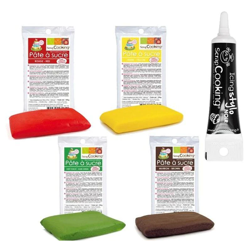 4 pâtes à sucre rouge vert marron jaune + Stylo glaçage noir Scrapcook