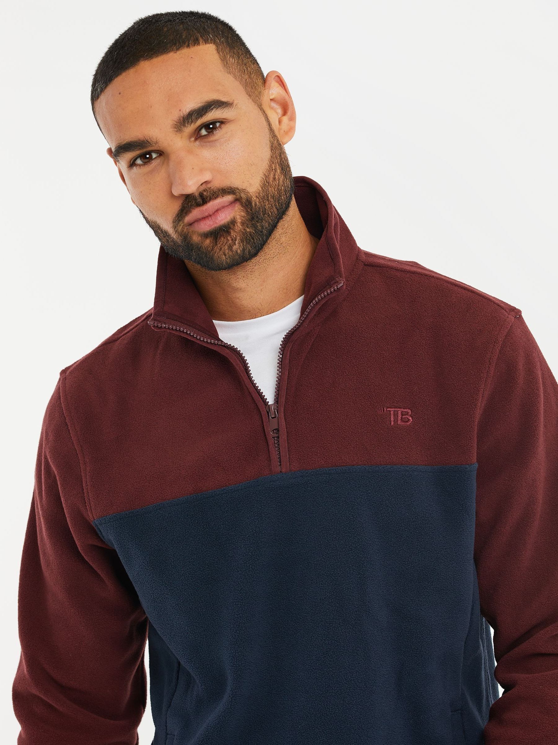 Bordeauxrood/marineblauw - Threadbare tweekleurige fleece sweatshirt met kwartrits