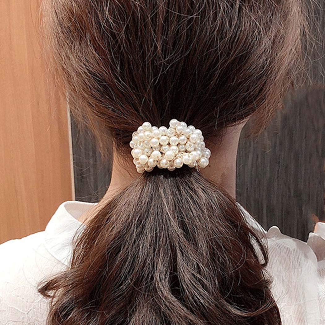 (Ø5cm) Scrunchies Elastischer Haargummi Haarschmuck Haarband Perlen - Weiss / Gold