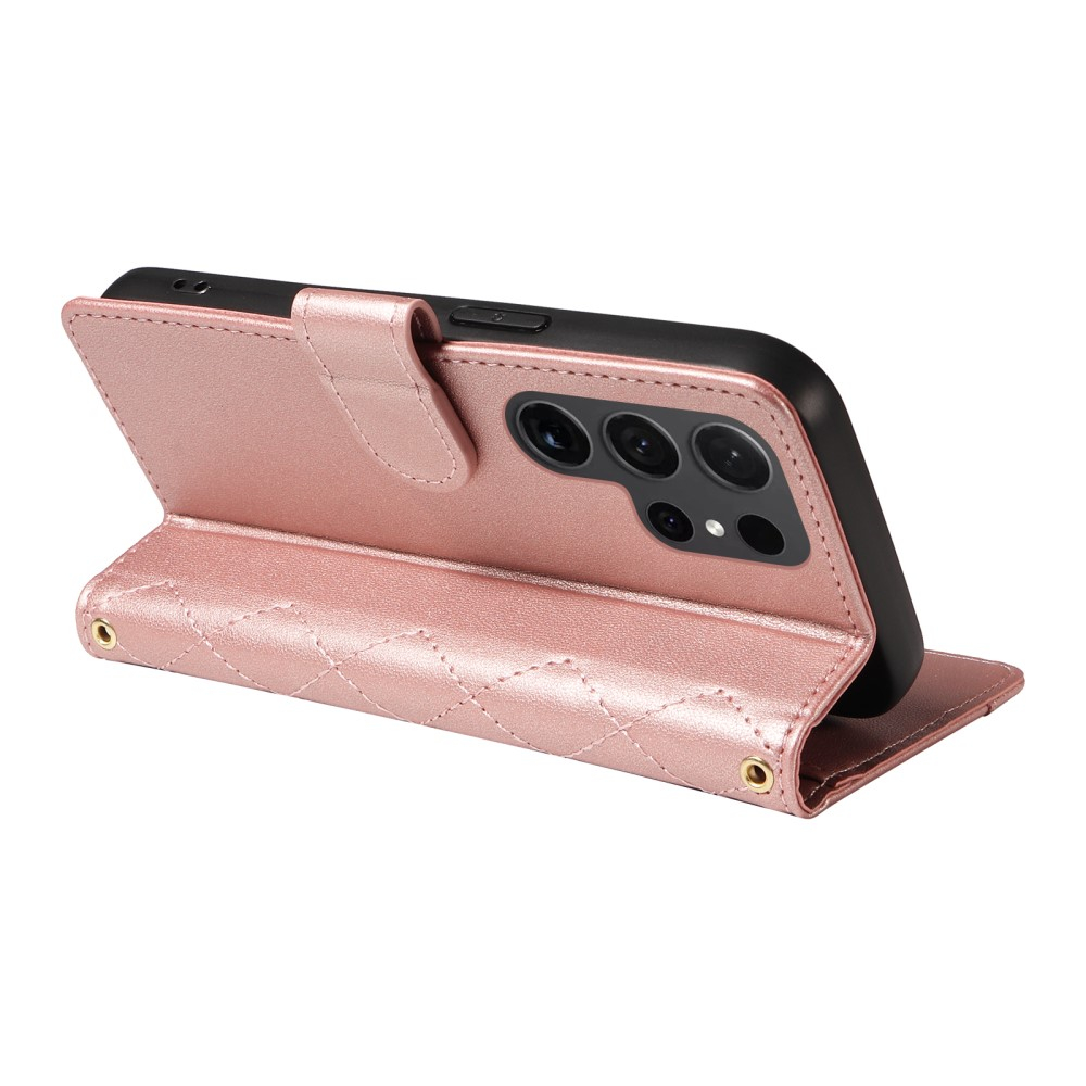 Samsung Galaxy S25 Ultra Necklace Leder Tasche Flip Cover Steppmuster - Roségold