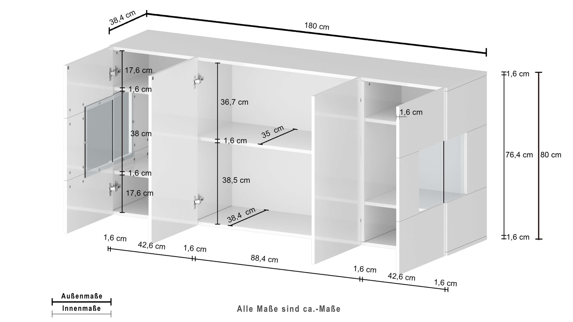 INOSIGN Sideboard »Egypt, Kommode, Schrank, Kredenz, Vitrine grifflos« 4 Türen davon 2 mit Glaseinsatz, kompl. Hochglanz lackiert, Breite 180