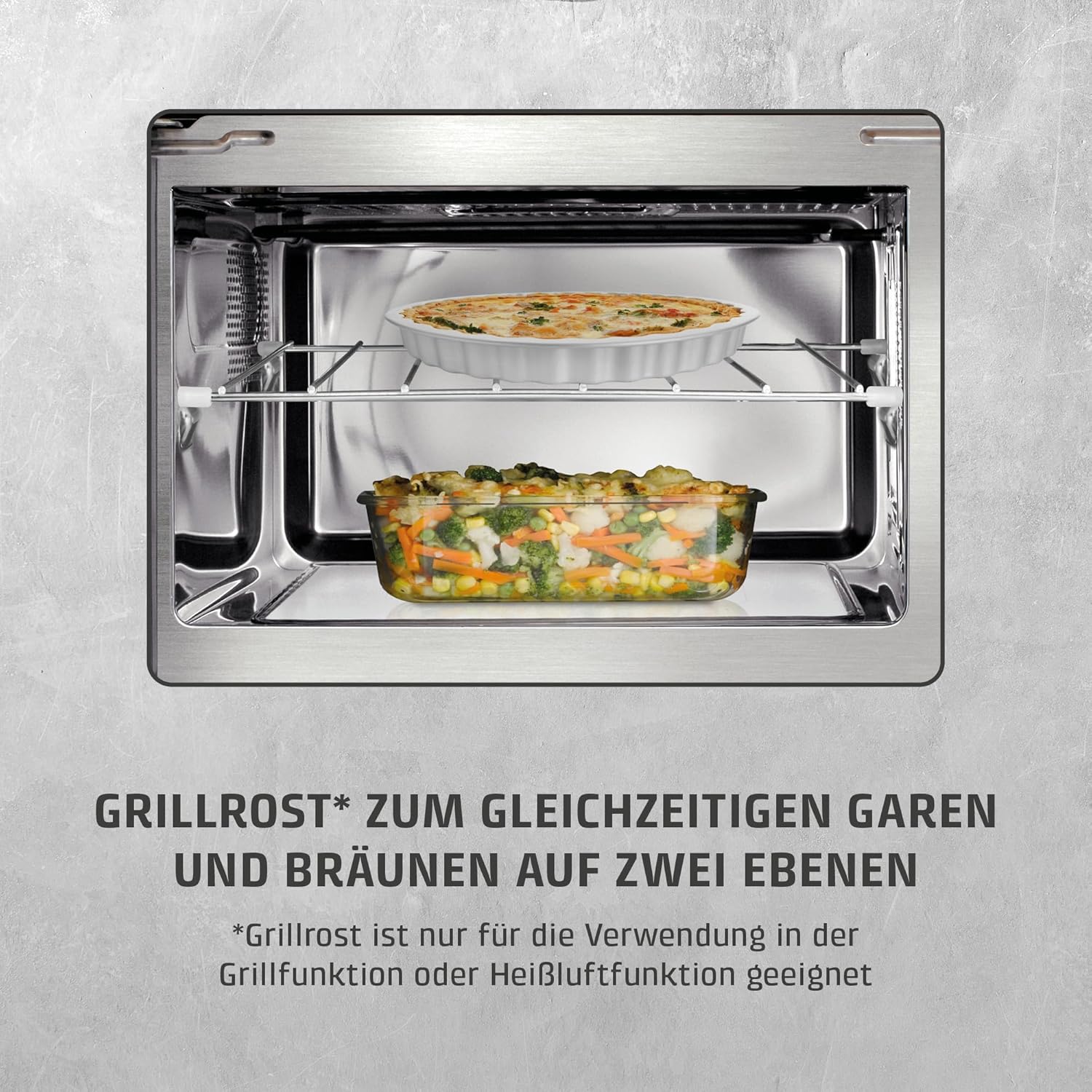 CASO | MCG25 Ceramic chef 3in1 Mikrowelle mit Grill und Heißluft 2050W |Borosilikatglasboden, Grill-Rost für 2 Ebenen, 110-200°C, 25 L, Edelstahl verspiegelt, Silber