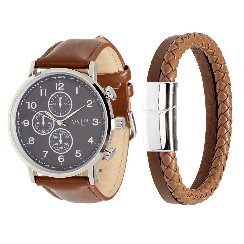 Ensemble montre et bracelet homme simili marron