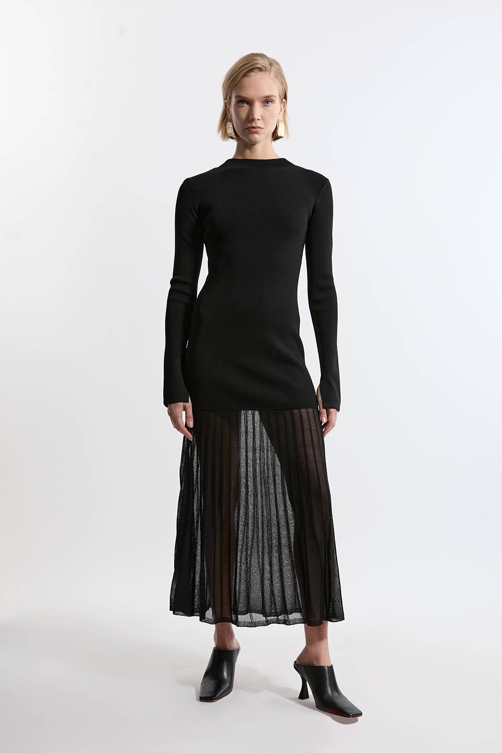 KarenMillen Robe Longue Petite en Maille Viscose avec Jupe Transparente