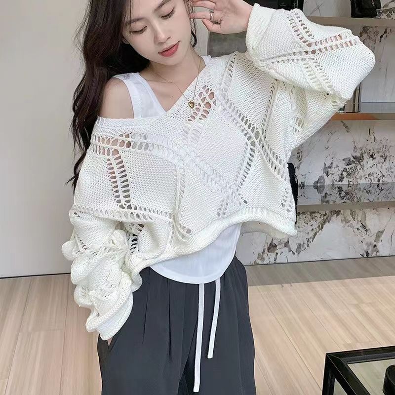 Everose - Set: V-hals effen pointelle crop trui + effen tanktop met ronde hals