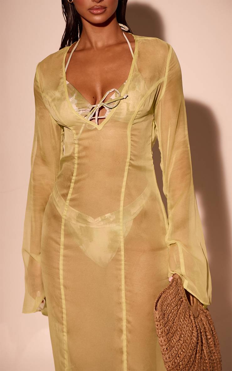 Citron Vert Robe De Plage Fluide En Mousseline À Manches Évasées