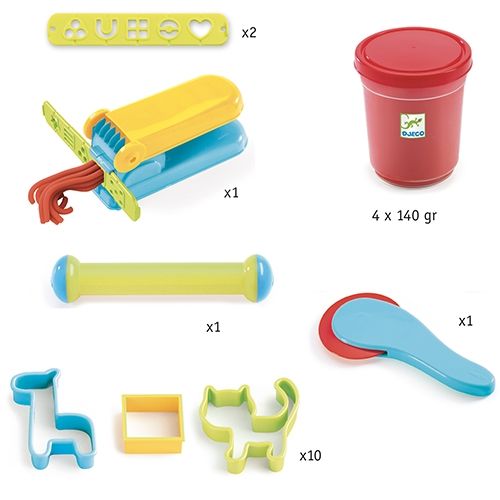 Djeco boetseerklei met 4 potjes en 15 accessoires