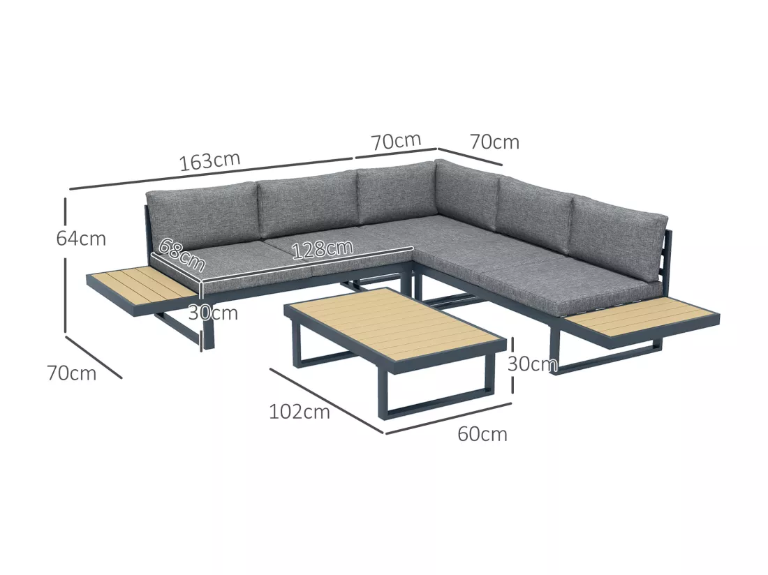 Salon de jardin d'angle 5 places avec table basse coussins alu gris aspect bois