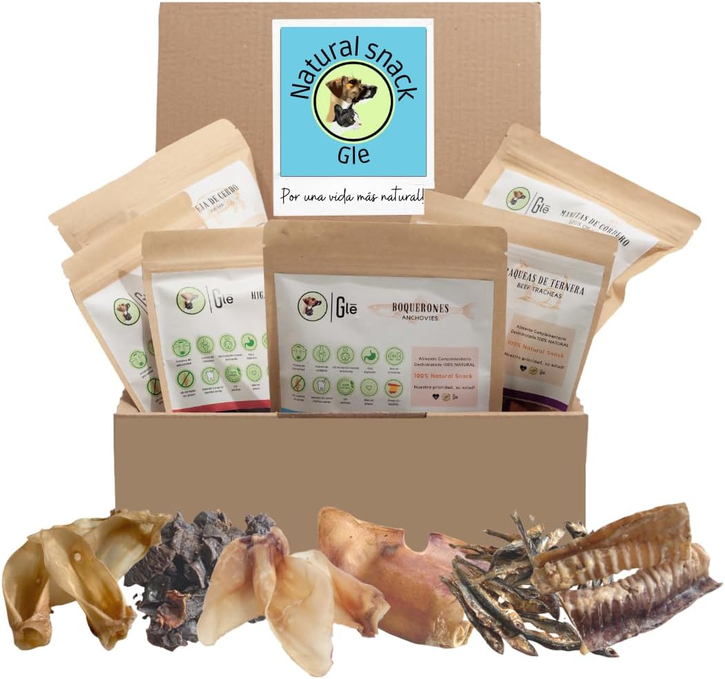 GLE PETS Caixa de Petiscos Naturais, Presentes para Cães, Petiscos Saudáveis, 6 Pacotes Sortidos, Mastigáveis Naturais, Caixa Azul