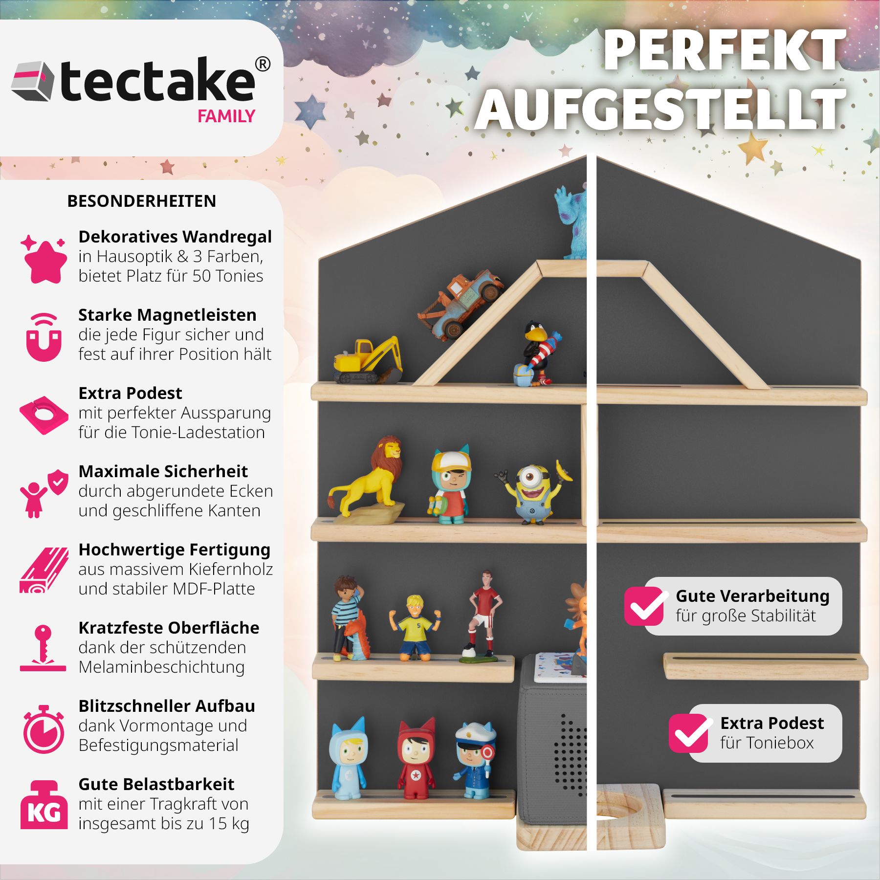 tectake® Wandregal, für bis zu 50 Tonies, abgerundete Ecken, 50 x 15,5 x 60 cm, unsichtbare Aufhängung