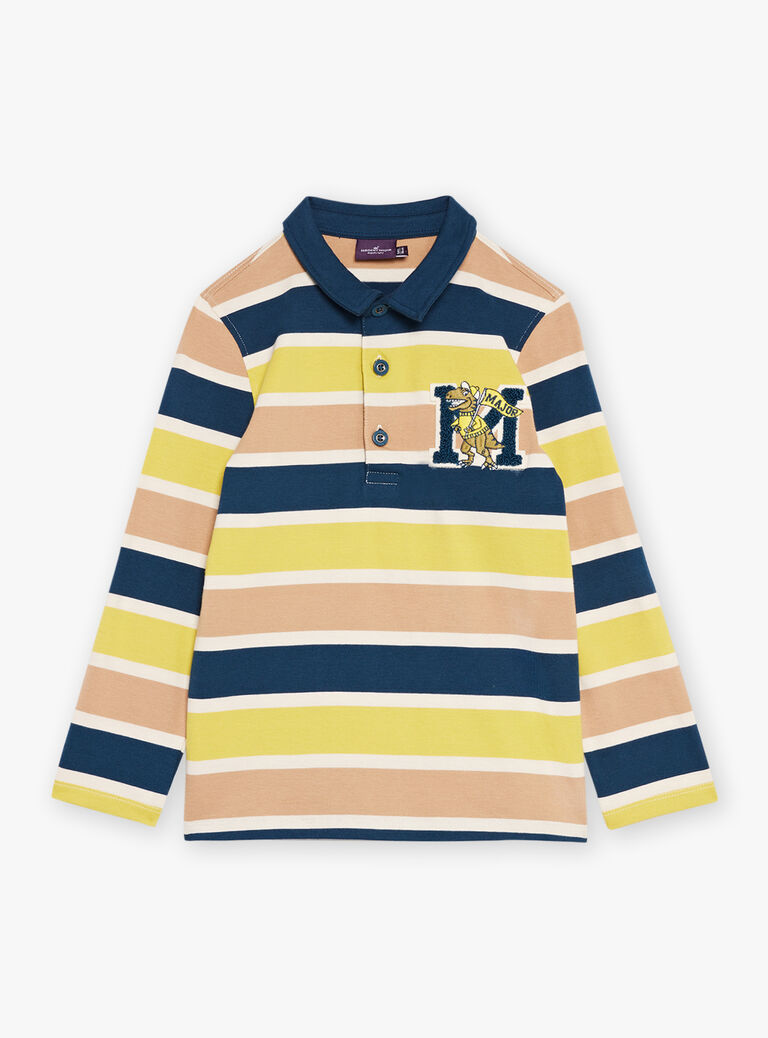 Polo bleu marine, beige et vert à imprimé à rayures