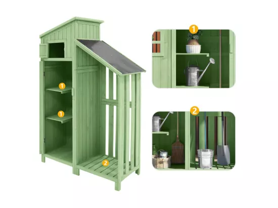 Abri de jardin en bois de sapin - remise à outils avec 2 étagères intégrées - H 173 cm - toit imperméable en PVC - Vert