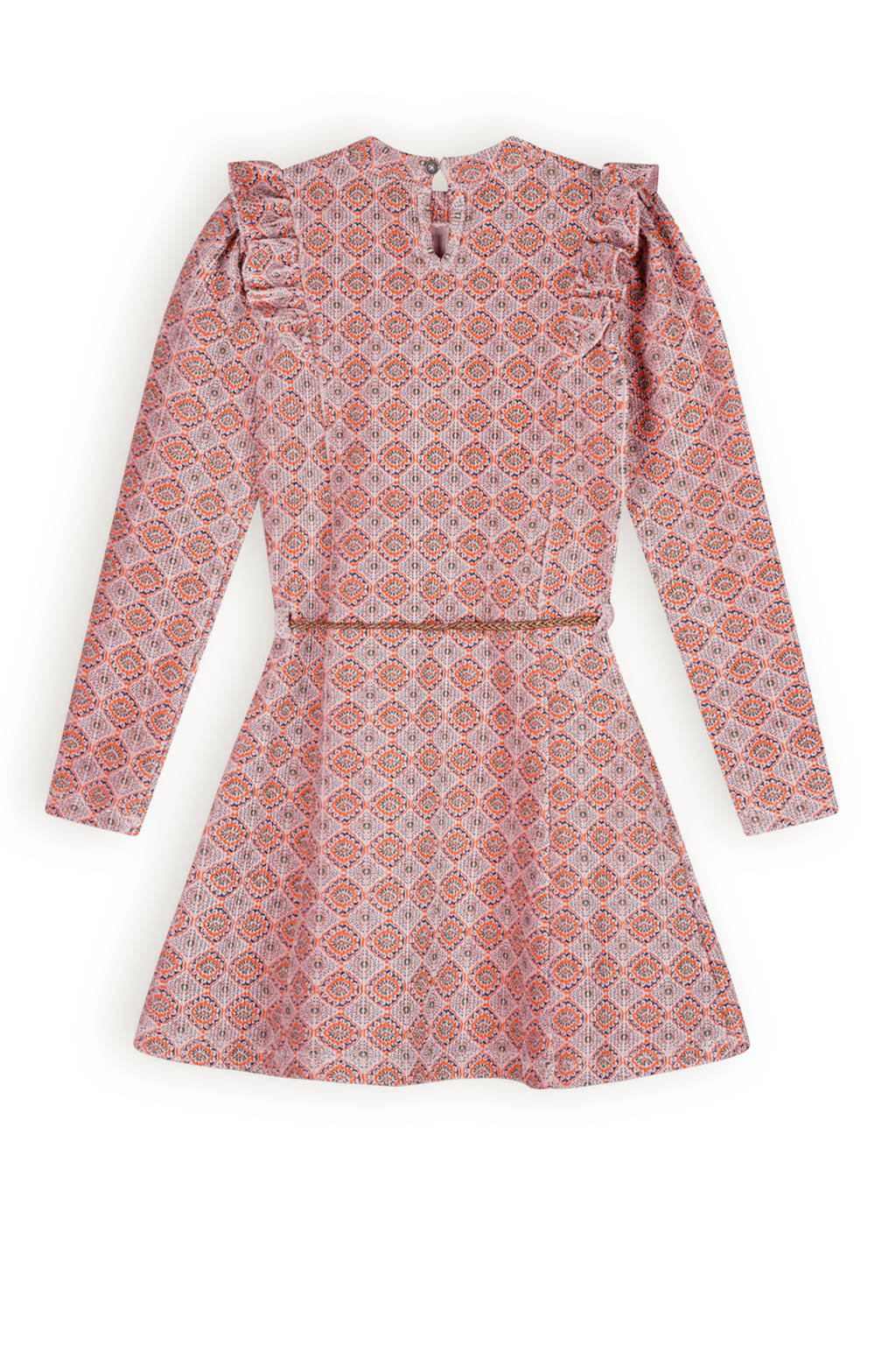 NONO jurk Max met all over print en ruches roze/oranje