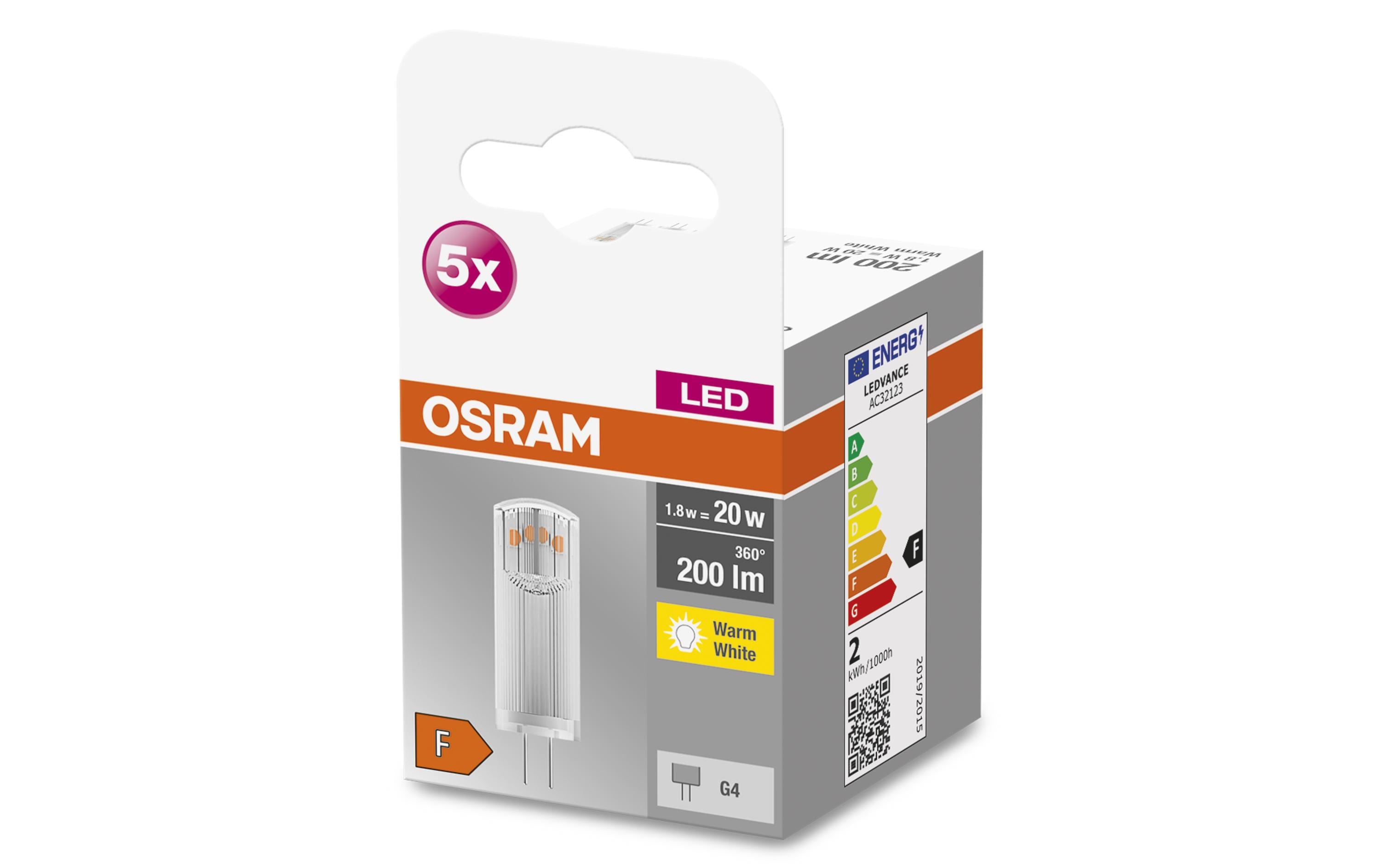 Lampe Base Pin 20, 1.8W, G4, Warmweiss, 5er PackLED-Lampen, klassische Kolbenform
