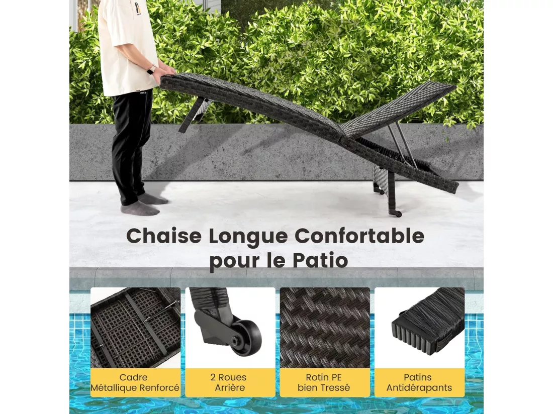 Bain de Soleil Pliable en Rotin et fibre naturelle PE, Chaise Longue Pliante de Jardin avec Cadre en Métal et Dossier Réglable, Transat avec Roues Arrière, pour Terrasse, Piscine, Cour, Charge 150 KG