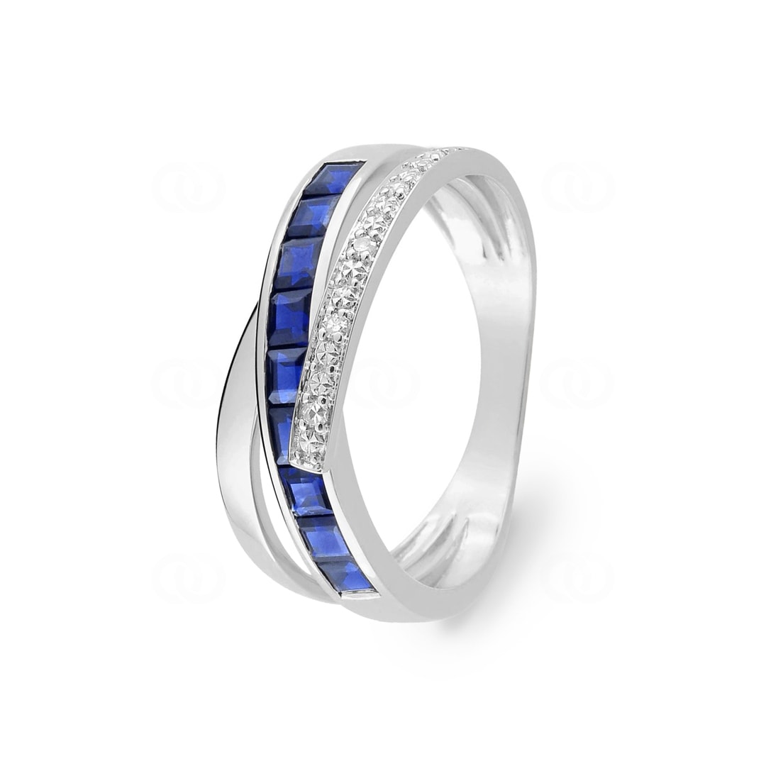 Damenring 750/18 K Weissgold mit Saphiren carrée & Diamanten 0.03ct.
