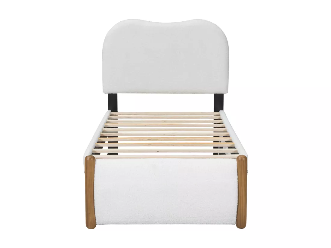Lit gigogne 90 x 200 cm + 90 x 190 cm - style moderne - tissu en peluche - sommier à lattes - blanc