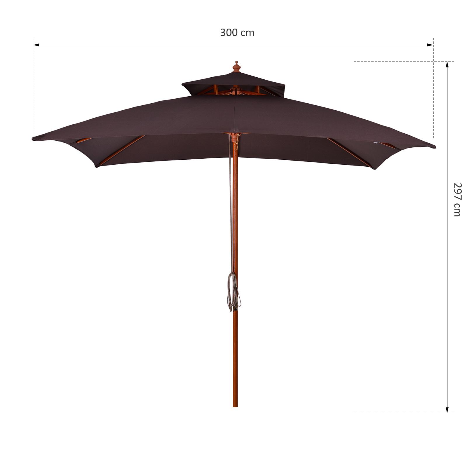 Guarda-sol de bambu Outsunny 3x3x3 m com cobertura dupla, sistema de polias à prova d'água para terraço e varanda, marrom