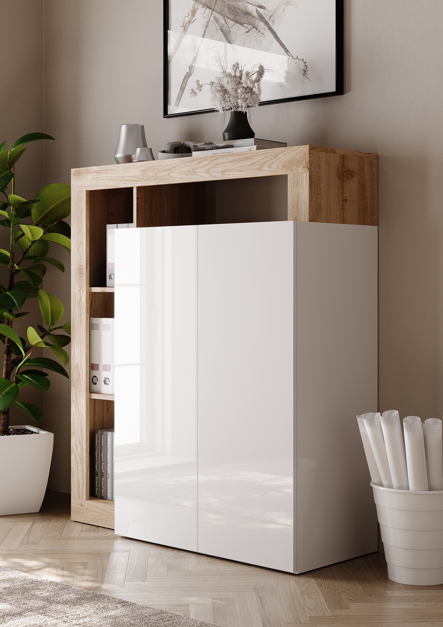 INOSIGN Sekretär »Hamburg Breite 108 cm, Höhe 126 cm, 2 Türen, PC-Schrank, Home-Office,« dekorativer Rahmen, Tastaturauszug, Stauraum, Multifunktional