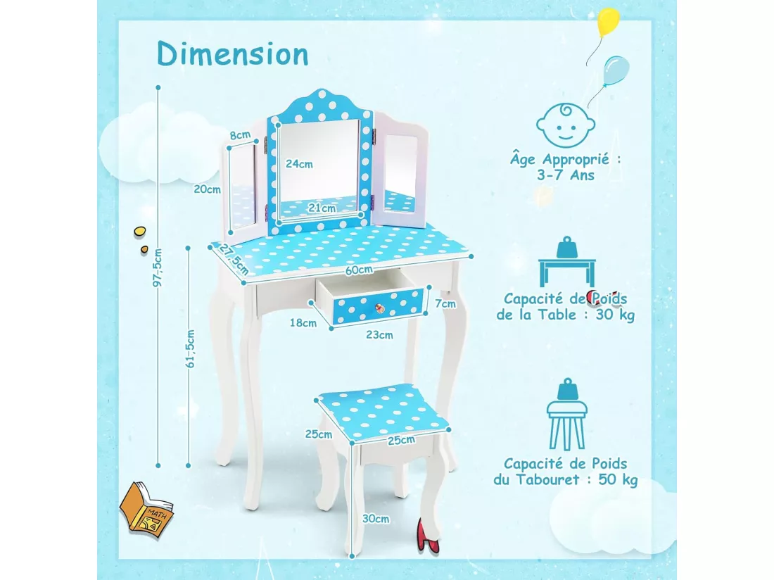 2 en 1 Coiffeuse Enfants Fille avec Miroir Amovible à 3 Volets & Tabouret, Table de Maquillage avec Tiroir & Dispositif Anti-Basculement, Charge 50kg pour Enfants de 3-7 Ans