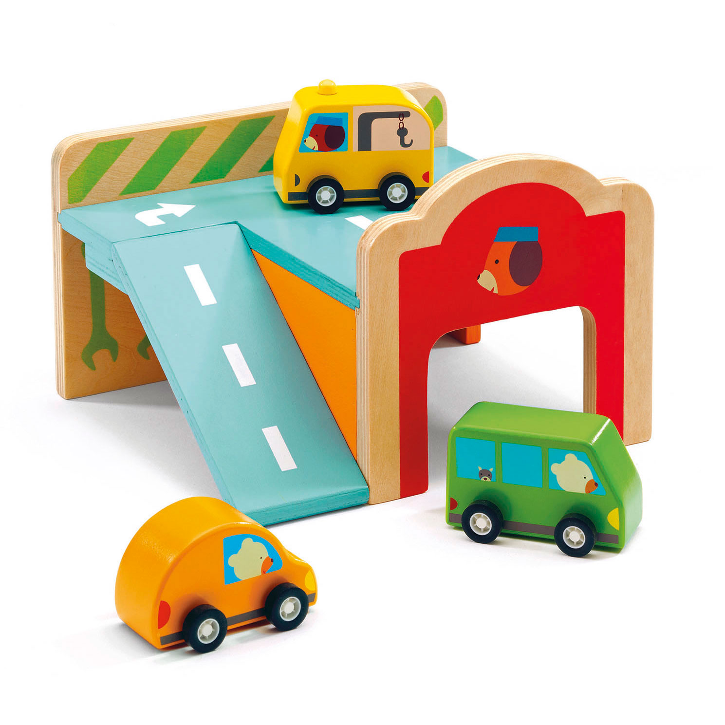 Djeco Mini Garage met Auto's, 4dlg.