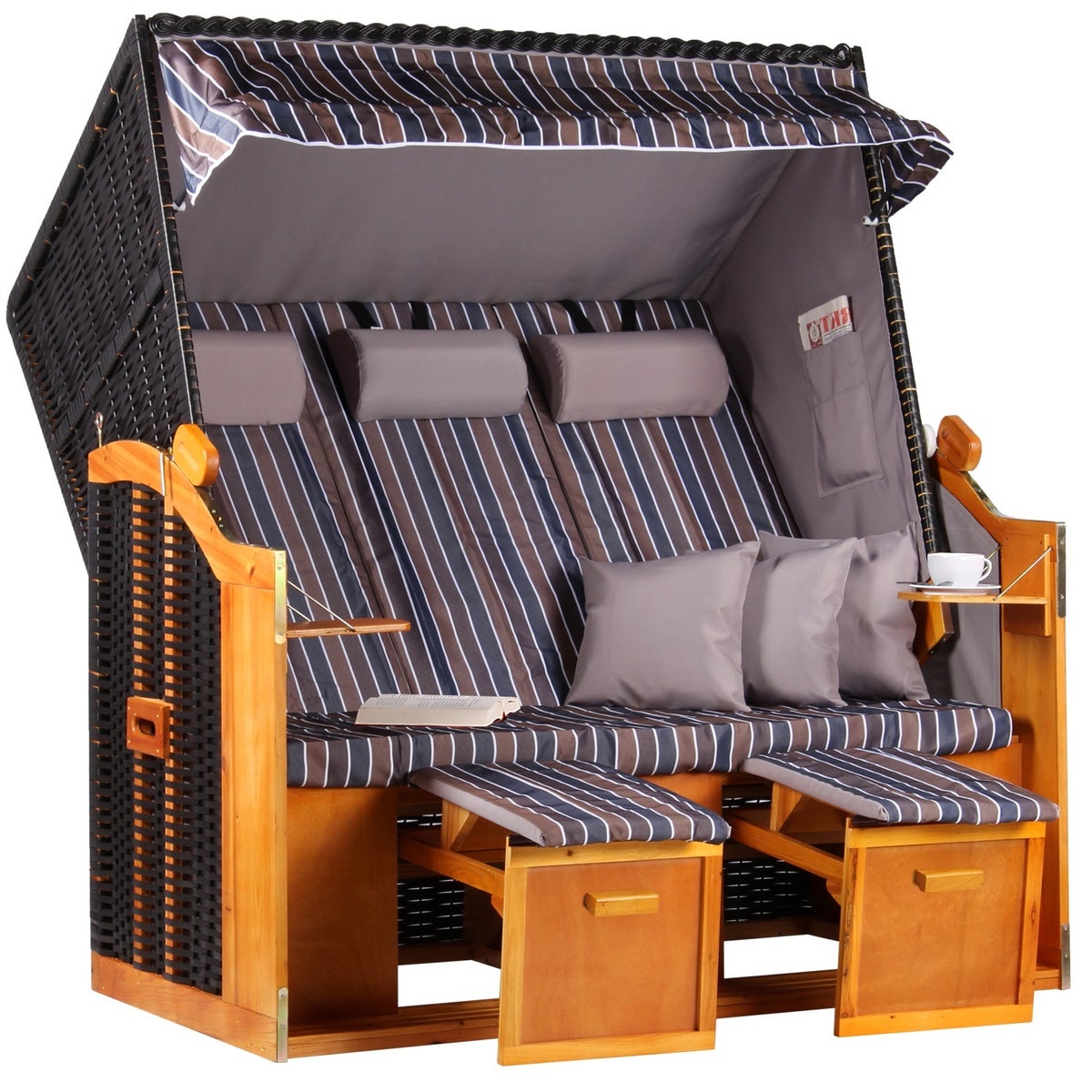 Baltische strandstoel, driezits, PE, zwart, antracietbruin design