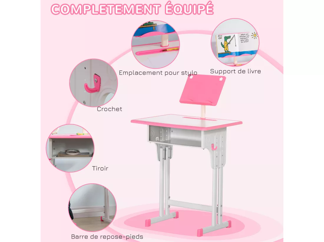 Bureau enfant avec chaise - ensemble bureau et chaise réglable - support de lecture, case - rose blanc