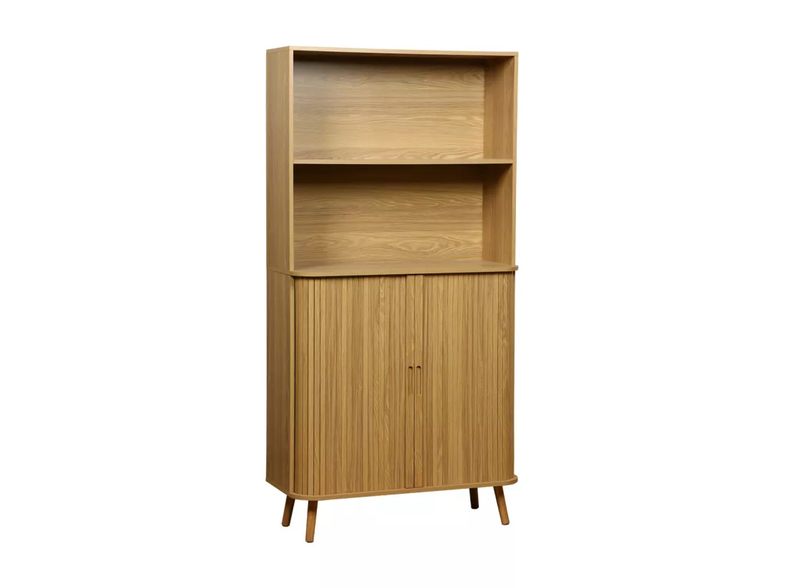 Etagère bibliothèque scandinave. 2 portes coulissantes. 4 niveaux. effet bois rainuré. L 80 x P 45 x H 180cm