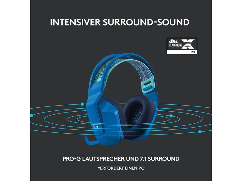 Logitech Headset G733 Lightspeed Blau Wireless-Gaming-Headset mit DTS 7.1 Surround-Sound und RGB Beleuchtung