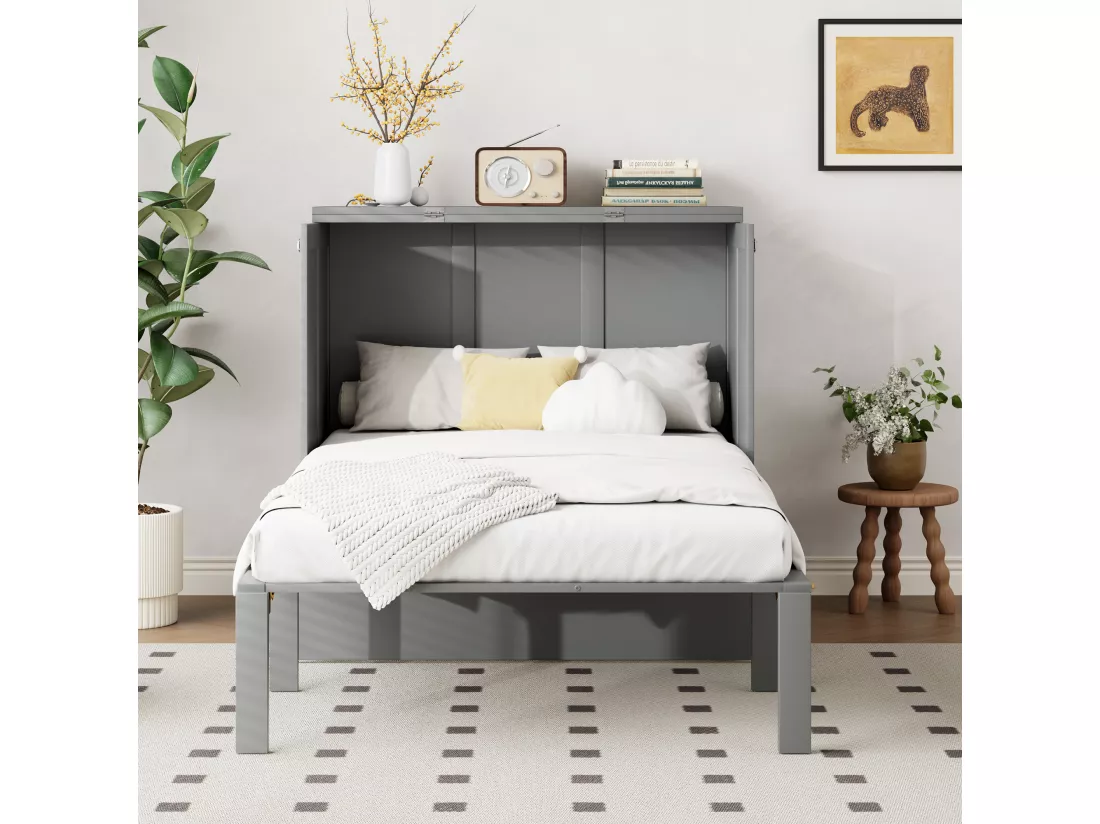 Lit escamotable 90x200 cm en bois - avec sommier à lattes - Gris