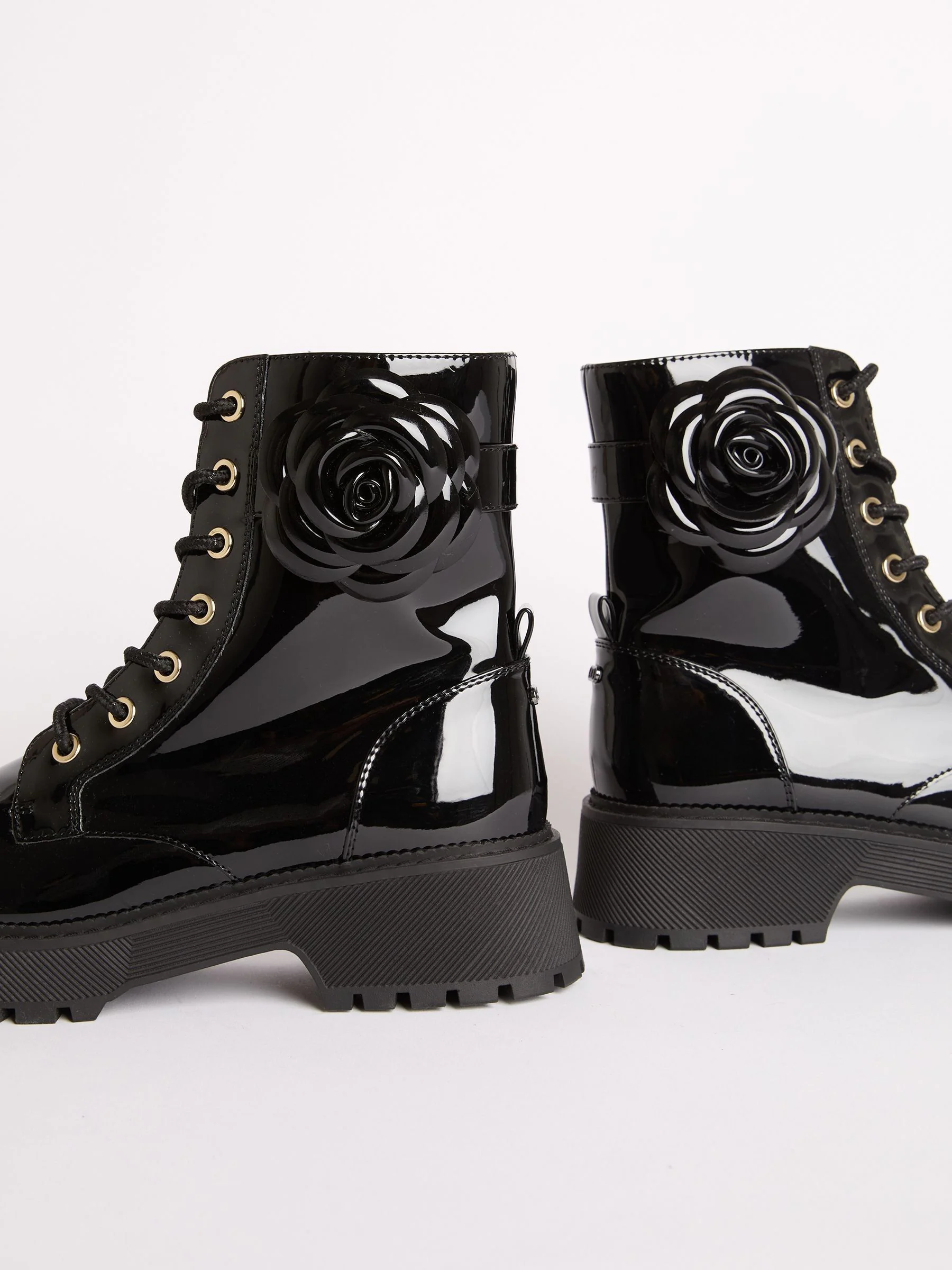 Lipsy Faux Leather Patent Lace Up Chunky Boots with Corsage