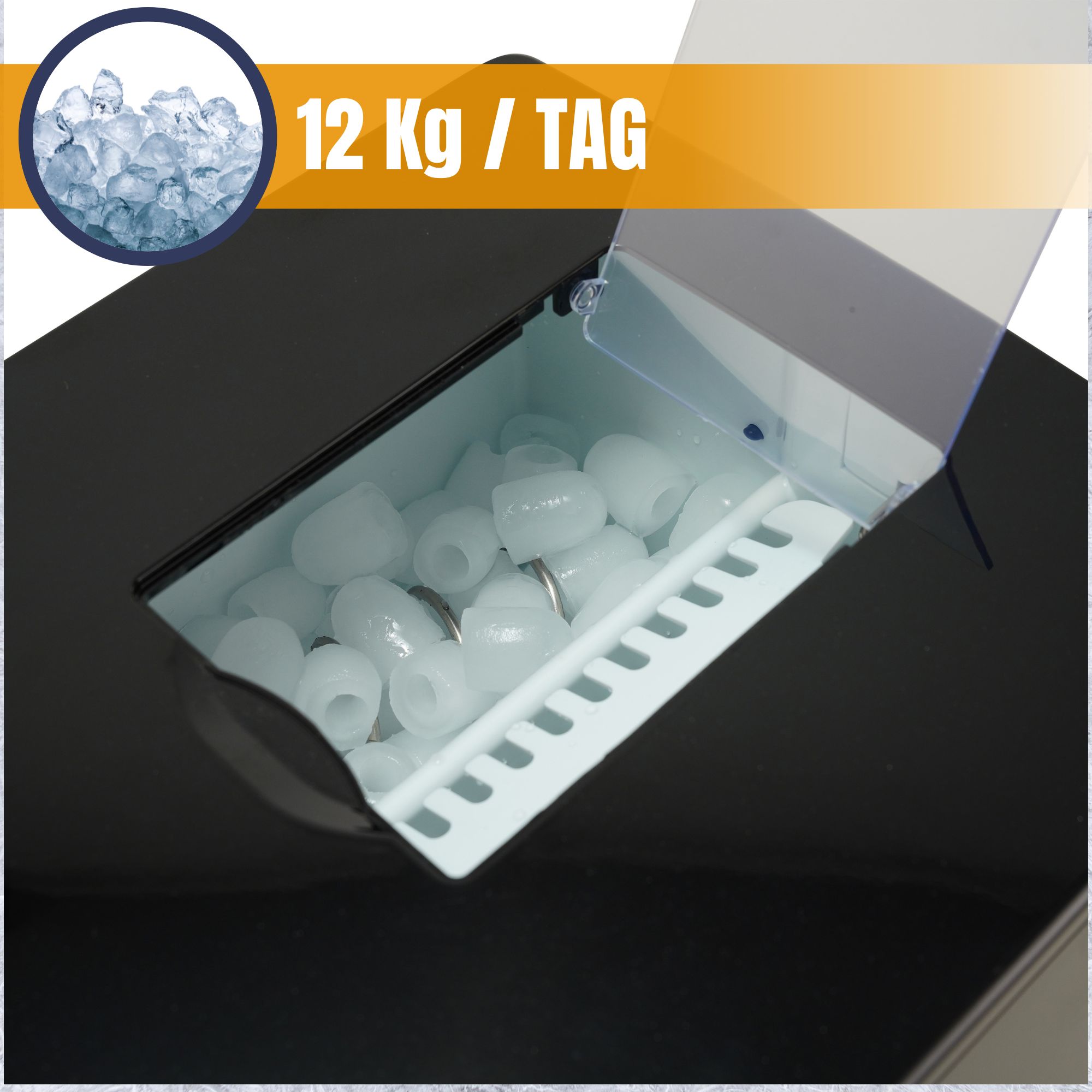 Sommertal Eiswürfelmaschine mit Kaltwasser-Funktion EM12E - Ice Maker mit schneller Eisherstellung ab 6 Minuten, 12kg pro Tag, 2 Würfelgrößen, Timer, autom. Abschaltung ?? Eiswürfelbereiter klein