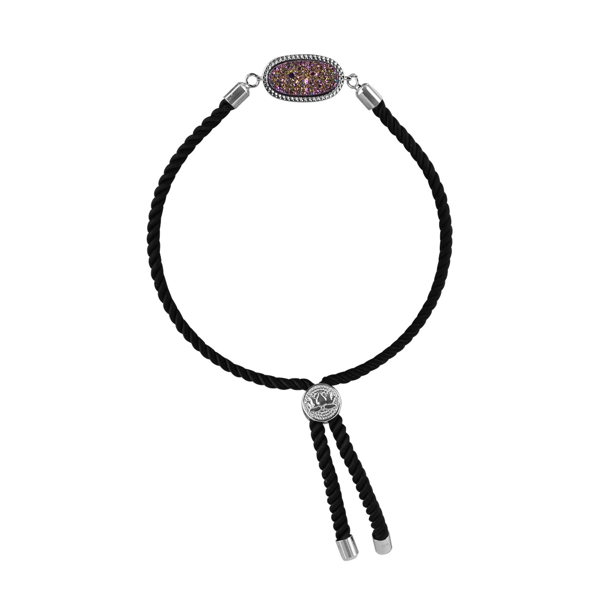 Bracelet cordon fantaisie noir et acier argenté