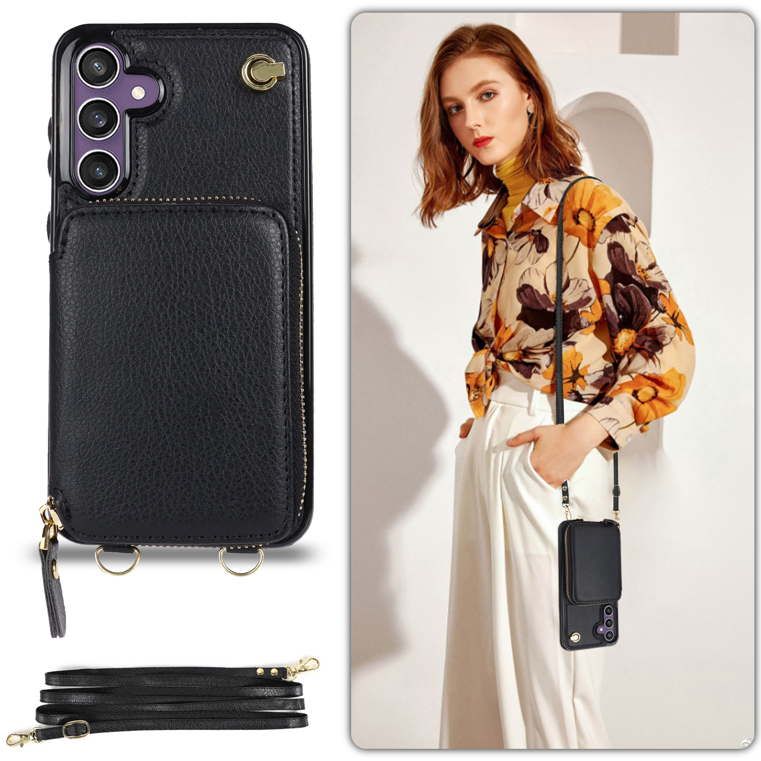 Samsung Galaxy S25 FE Necklace Leder Schutz Hülle mit Kartenfächer   Handykette (140cm) - Schwarz