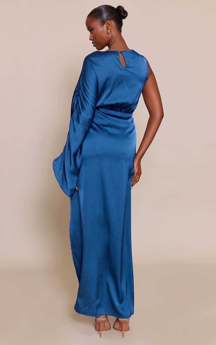 Bleu Marine Robe Longue En Satin Avec Détail Cape Asymétrique