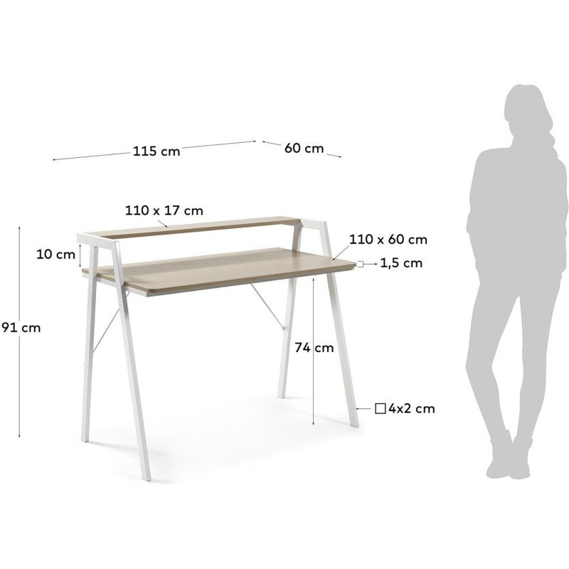 Bureau Aarhus en mélamine finition naturelle et pieds en acier blanc 115 x 60 cm