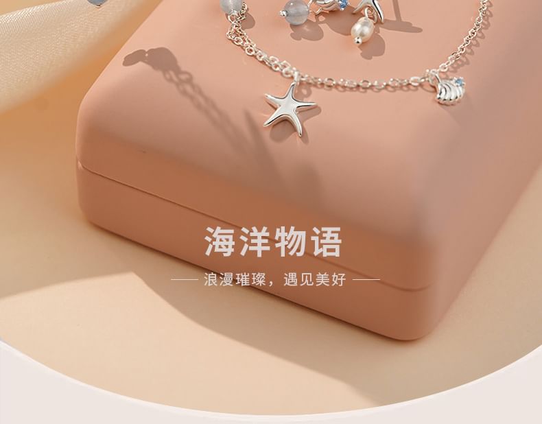 FOON - 925 Sterling Zilveren Ster Schelp Ketting / Armband / Asymmetrische Oorbel