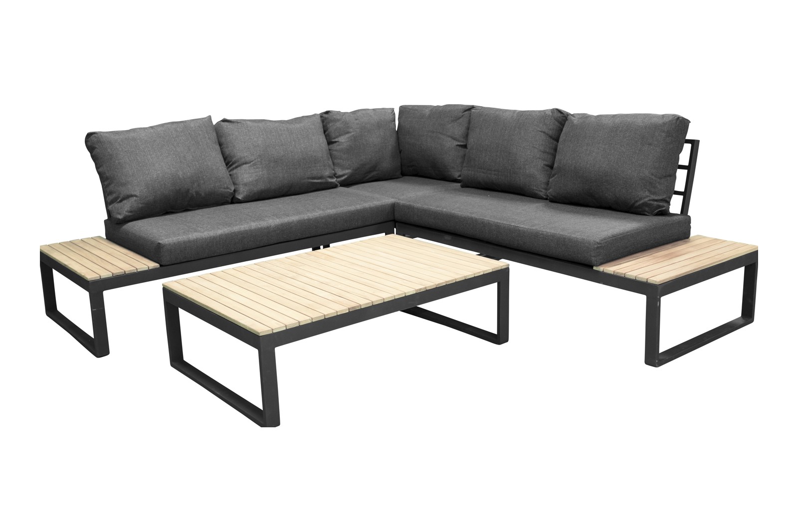 Panama utesofa Hagesofa sortlakkert aluminium med grå puter, sofabord og sidebord med acacia plate.