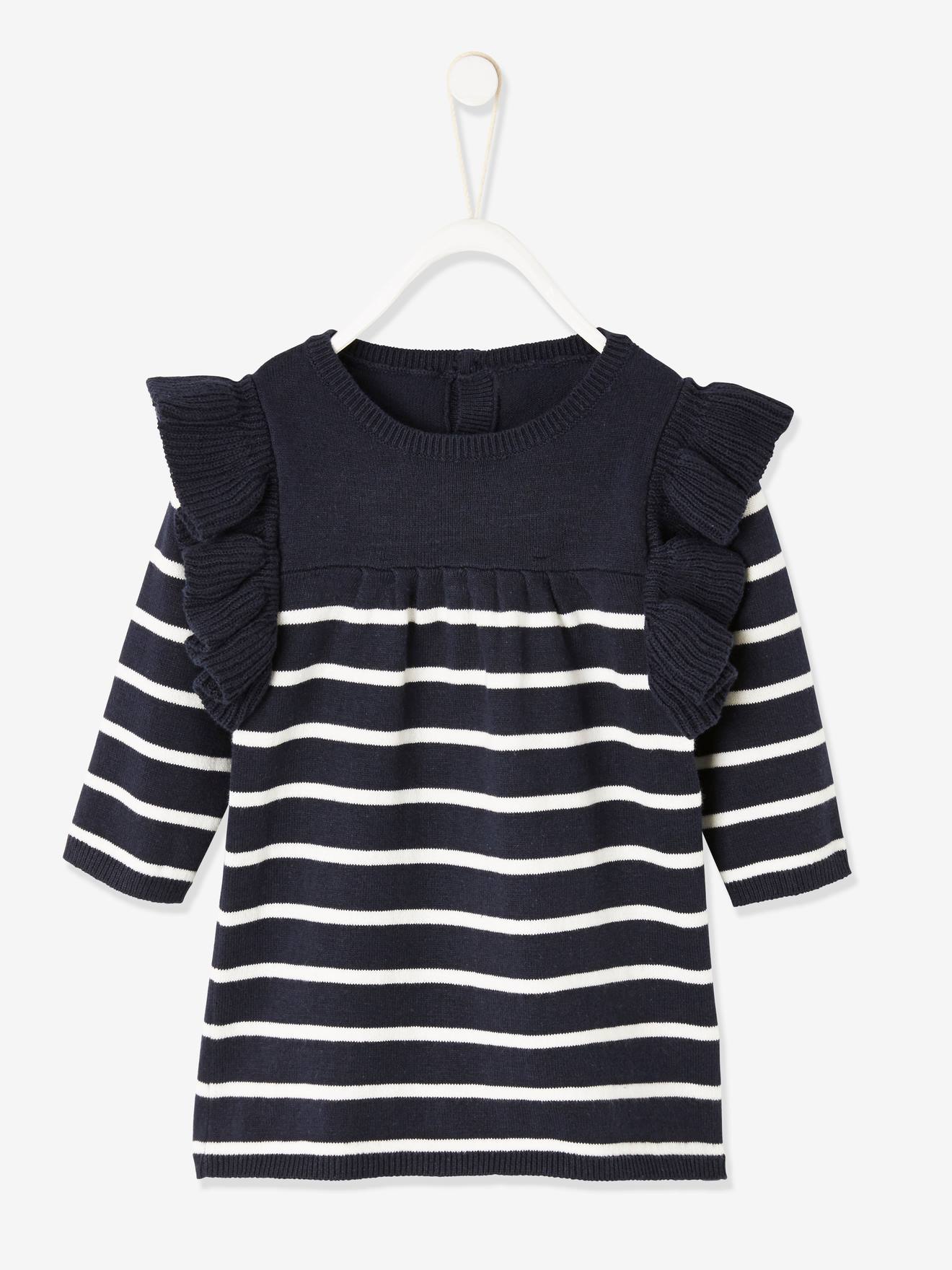 Vestido listrado azul escuro estilo marinheiro para bebê menina