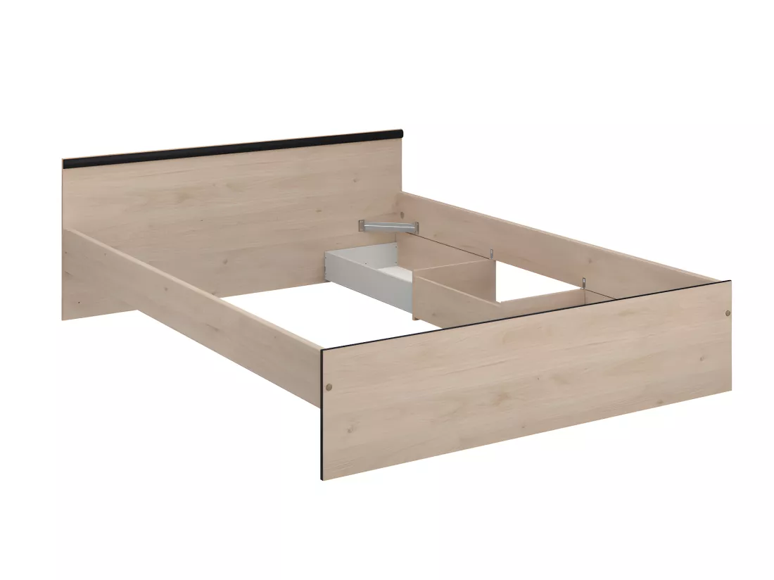 Lit avec rangements 140 x 190 cm - 2 tiroirs et 1 niche - Coloris : Naturel + Sommier - PABLO