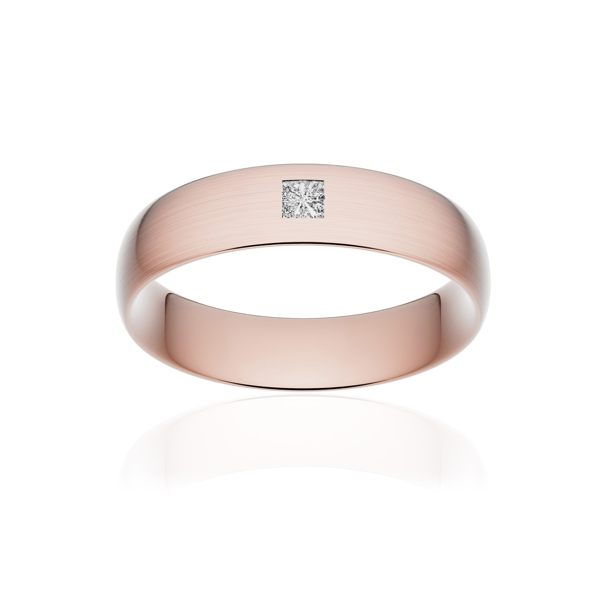 Alliance or 750 rose brossé demi-jonc confort 5,5mm diamant princesse