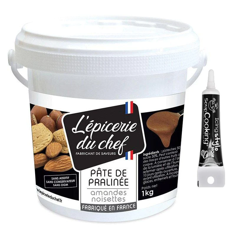 Pâte de praliné amandes noisettes 1 kg + Stylo de glaçage noir Scrapco