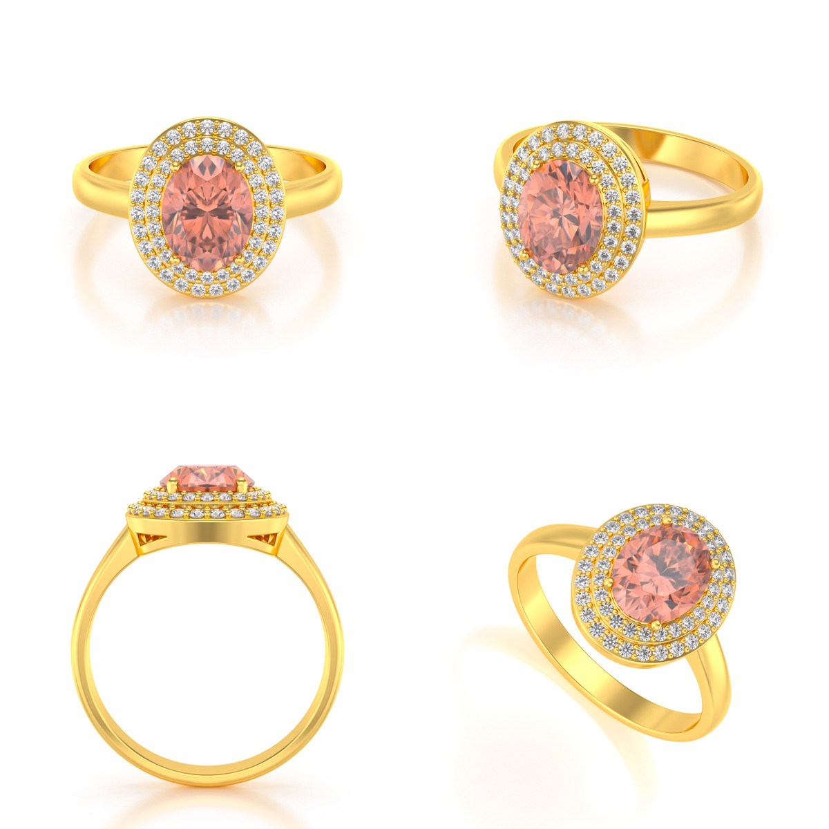 Bague Or Jaune 585 Morganite et diamants 3.82grs | 51 petits Diamants en Double Rang - Aden