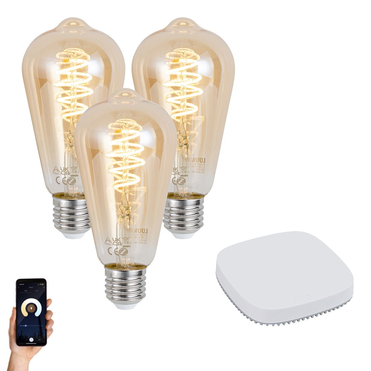 Set van 3 smart E27 dimbare LED lampen ST64 4.9W 320 lm 2500K incl. Zigbee Smart Hub